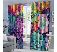 SMBHIAON Plantes Rideau Occultant 2 Panneaux Plantes Succulentes À L'Aquarelle 3D Rideaux Fenêtre D'Effet Thermique Insonorisation Salon Chambre À Coucher Décoration 140L × 225H Cm (2 Panneaux)