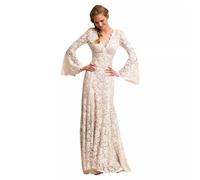 SMBHIAON Robes De Mariée Blanches De Mariée - Tempérament Dentelle Manches Longues Cloche Robe De Mariée Pelouse, Robes De Soirée, Dentelle Élégante Applique Dos Nu Robe De Mariée Longue Robe De Soi