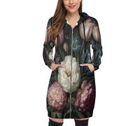 SMBHIAON Sweat À Capuche Femme Zippé Veste Nature Morte Classique Manches Longues Épais Hoodie Pivoine Motif De Feuille Verte Lâche Manteau Automne Hiver Casual Sweatshirt avec Poches