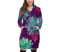 SMBHIAON Sweat À Capuche Merveilles Florales Naturelles Femme Long Grande Taille - Succulentes À L'Aquarelle Veste Zippée Manches Longues avec Cordon Et Poches, Casual Chic pour Automne Hiver