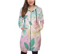 SMBHIAON Sweat À Capuche Style Floral Dessiné À La Main Femme Long Grande Taille - Fleurs Et Feuilles Mignonnes Veste Zippée Manches Longues avec Cordon Et Poches, Casual Chic pour Automne Hiver