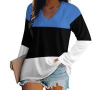 SMBHIAON T-Shirt à Manches Longues pour Femme Col en V Haut Décontracté Drapeau de la République d'Estonie Manches Amples T-Shirt Tunique Femme Chemises Shirts,Multicolore