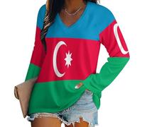SMBHIAON T-Shirt à Manches Longues pour Femme Col en V Haut Décontracté Drapeau de l'Azerbaïdjan Manches Amples T-Shirt Tunique Femme Chemises Shirts,Multicolore