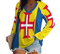 SMBHIAON T-Shirt à Manches Longues pour Femme Col en V Haut Décontracté Drapeau des îles de Madère Manches Amples T-Shirt Tunique Femme Chemises Shirts,Multicolore