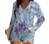 SMBHIAON T-Shirt à Manches Longues pour Femme Esthétique Florale Naturelle Col en V Haut Décontracté Fleurs Sauvages Motifs Cosmos Manches Amples T-Shirt Tunique Femme Chemises Shirts,Bleu Ciel Clair