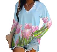 SMBHIAON T-Shirt à Manches Longues pour Femme Tulipes Roses Col en V Haut Décontracté Feuilles Vertes Manches Amples T-Shirt Tunique Femme Chemises Shirts,Rose