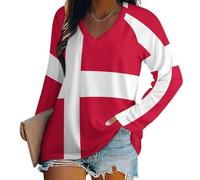 SMBHIAON T-Shirt col V Blouses à Manches Longues pour Femmes Imprimé Drapeau Danois Lâche Chemisier T-Shirts pour Femmes Sweat-Shirt Tuniques Basiques Haut Automne(Multicolore,5XL)