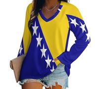 SMBHIAON T-Shirt Col V Blouses À Manches Longues pour Femmes Imprimé Drapeau de la Bosnie-Herzégovine Tunique Tops Lâche Chemisier T-Shirts Grande Taille Sweat-Shirt Tuniques Basiques Haut Automne