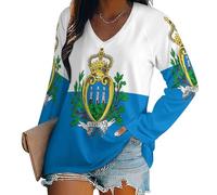 SMBHIAON T-Shirt Col V Blouses À Manches Longues pour Femmes Imprimé Drapeau de Saint-Marin Tunique Tops Lâche Chemisier T-Shirts Grande Taille Sweat-Shirt Tuniques Basiques Haut Automne