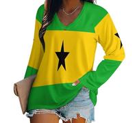 SMBHIAON T-Shirt col V Blouses à Manches Longues pour Femmes Imprimé Drapeau de Sao Tomé-et-Principe Lâche Chemisier T-Shirts pour Femmes Sweat-Shirt Tuniques Basiques Haut Automne(Multicolore,5XL)
