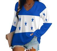 SMBHIAON T-Shirt Col V Blouses À Manches Longues pour Femmes Imprimé Drapeau du Honduras Tunique Tops Lâche Chemisier T-Shirts Grande Taille Sweat-Shirt Tuniques Basiques Haut Automne
