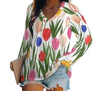 SMBHIAON T-Shirt surdimensionné à Manches Longues pour Femme - Col en V - Conception De Jardin Colorée Motif De Tulipes Haut à Manches Longues - Rose Vert Tunique Basique