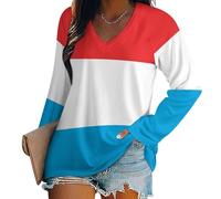 SMBHIAON T-Shirt surdimensionné à Manches Longues pour Femme - Col en V - Drapeau luxembourgeois Haut à Manches Longues - Multicolore Tunique Basique