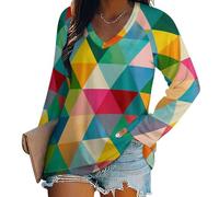 SMBHIAON T-Shirt surdimensionné à Manches Longues pour Femme - Col en V - Éléments Géométriques Conception De Triangle Abstrait Haut à Manches Longues - Couleur Orange Tunique Basique
