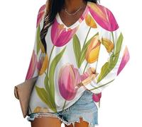 SMBHIAON T-Shirt surdimensionné à Manches Longues pour Femme - Col en V - Illustration De Fleurs Modèle De Bouquet De Tulipes Haut à Manches Longues - Rose Tunique Basique