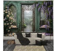 SMBHIAON Tapisserie murale, Jardin Rétro Français,Fenêtres Cintrées Fer Forgé Glycine, Vert Menthe, grande tenture murale,pour salon, chambre à coucher, bureau, 100L x 75l cm