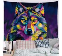 SMBHIAON Tapisserie Murale Loup Féroce, Décor Mural Néon Pop, Tapisseries D'Art Bleu Violet Pour Chambre, Salon - 230L X 150L Cm
