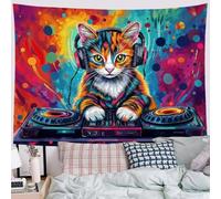 SMBHIAON Tapisserie Murale Platine Dj Chat Tabby, Décor Mural Animaux Dessinés Amusants, Tapisseries D'Art Orange-Rouge Pour Chambre, Salon - 200L X 150L Cm
