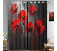 SMBHIAON Texture Florale Rideau Occultant Thermiques, Coquelicots Rouges Rideau Isolant Anti-Bruit, Économie d'Énergie, Idéal pour Chambre et Salon, 110L × 200H cm (2 Panneaux)