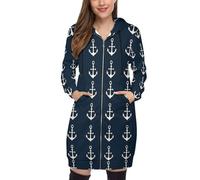 SMBHIAON Thème Nautique Sweat À Capuche Femme Pull À Capuche avec Fermeture Éclair Hoodie Imprimé Icône D'Ancre Blanche pour Femmes,Grande Taille S-5Xl,Bleu Marine