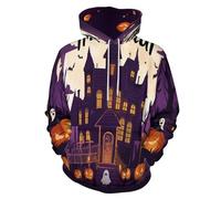 SMBHIAON Unisexe 3D Illustration De Scène Nocturne d'halloween Imprimé Sweat À Capuche Pull À Manches pour Hommes Femmes Manches Longues Hoodie,Pleine Lune Maison Hantée Motif Citrouille