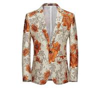 SMBHIAON Veste Blazer Homme M-6Xl,Motif Floral Botanique Grande Taille Blazer De Costume À Un Bouton, Revers De Mode avec Poche Travail d'affaires Vestes De Costume De Smoking Formel,Orange,L