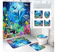 SMchwbc Lot de 4 rideaux de douche, motif dauphin, océan, 180 x 180 cm, 180 x 200 cm, motif dauphin, poisson, plage, en polyester, dauphins, plantes, tapis de salle de bain, 180 x 180 cm (l x H), 10)