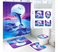 SMchwbc Lot de 4 rideaux de douche motif dauphin océan 180 x 200 cm - Motif poisson bleu plage - En polyester - Motif plantes - Tapis de salle de bain (200 x 200 cm (l x H), 3)