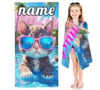 SMchwbc Serviette de Plage personnalisée avec nom, Serviette Chat avec nom Serviette de Bain personnalisée Serviette de Plage Chat en Microfibre Serviette de Douche Chat (1,80 x 150 cm)