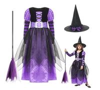 Smdbzda Costume de Sorcière pour Filles, Deguisement Sorciere Enfant, Costume de Sorcière Halloween pour Enfant, avec Balai de Sorcières, pour Enfant Halloween Carnaval Cosplay Fête (XL)