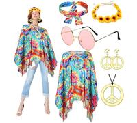 Smdbzda Deguisement Hippie Femme, Costumes Poncho des Annee 60 70, Accessoires Hippie Femme Poncho, Bandeau, signe de paix, collier, boucles d'oreilles, lunettes de soleil, pour Carnaval Disco Hippie