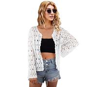 SMDPPWDBB Boléro à manches mi-longues pour femme, cardigan ouvert en dentelle au crochet, Blanc - B, taille unique