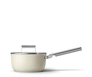 Smeg SPF2012CRM Casserole anti-adhésive style années 50 compatible avec toutes les plaques de cuisson, passe au four, couvercle en verre trempé, fabriquée en Italie, crème mate, 20 cm