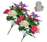 SMELEYOU 2 Paquets de Fleurs artificielles pour Les tombes 17, 3 '' Fleurs Grave 12 têtes Cimetière Rose et Lily Memorial Silk for Graves Stands Gadles Decorations Purple