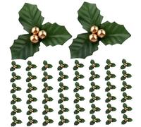 SMELEYOU 50pcs Ornements de Noël en Or Set Mini Faux Houx et décorations de Baies décor Fleurs Noël avec Support métallique pour Vase à Bougie Flottante décoration Vacances