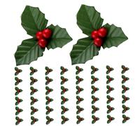 SMELEYOU 50pcs Ornements de Noël Rouges Set Mini Faux Holly et Berry Decorations DIY Christmas Flowers Decor with Wire Bracket for Floating Candle Vase Holiday Decor