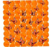 SMELEYOU Les décorations du Jour des Morts comprennent 50 têtes de Fleurs de souci et 24 Papillons monarques pour Diwali, Maison Indienne, Guirlande Couronne Bricolage, Artisanat d'halloween