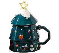 SMELEYOU Tasses de Noël 13, 5 oz tasse de café en céramique avec couvercle Forme Noël Masse café festive avec bâton d'agitation en étoile pour les cadeaux vacances et décor vert