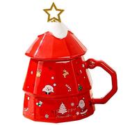 SMELEYOU Tasses de Noël 13, 5 oz tasse de café en céramique avec couvercle Forme Noël Masse café festive avec un bâton d'agitation en étoile pour les cadeaux vacances et le décor rouge