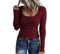 SMENG t-Shirts et Tops de Sport Femme Printemps Travail Loisirs Manches Longues Le Bouton Sexy serré U - Cou Couleur Pure Tee Shirt Vin Rouge M
