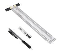 Smgda Règle de marquage de précision en T, équerre en T en acier inoxydable, outils de marquage pour le travail du bois avec crayon mécanique et recharge de 0,5 mm, règle de traçage (argent, 300mm)