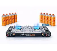 SMH LINE® Double réchaud à gaz de camping avec 16 cartouches de gaz de 227 g - Mallette de camping - Cuisinière d'extérieur - Barbecue de table - 2 feux GPL