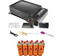 SMH LINE® Kit barbecue à gaz 2 en 1 avec 8 cartouches de gaz - Barbecue de camping - Réchaud de balcon - Barbecue de table - Mallette - Barbecue à gaz avec accessoires - Grille de barbecue - Clip de