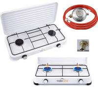 SMH LINE Réchaud à gaz camping 2 feux + tuyau + régulateur 50 mbar gaz propane 4,4 kW plaque de cuisson camping extérieur cuisinière XL