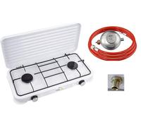 SMH LINE® Réchaud à gaz de camping à 2 feux avec tuyau et régulateur 50 mbar Gaz propane 4,4 kW Plaque de cuisson Camping Camping Bouteille de gaz Cuisinière d'extérieur Réchaud de table XL, SM-105