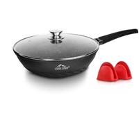 SMHLINE Wok à induction - 28 cm - Avec couvercle en verre - En fonte d'aluminium - Antiadhésive - Compatible avec tous les types de plaques de cuisson - Sans PFOA - Noir
