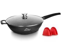 SMHLINE Wok à induction - 32 cm - Avec couvercle en verre - En fonte d'aluminium - Antiadhésive - Compatible avec tous les types de plaques de cuisson - Sans PFOA - Noir