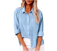 SMIDOW Chemise boutonnée en coton et lin pour femme, Bleu clair, M