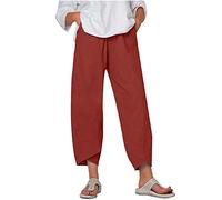 SMIDOW Pantacourt capri pour femme en coton et lin à jambes larges, style décontracté, pour l'été, la plage, taille élastique, pantalon court baggy, #09 Vin, Taille L