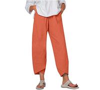 SMIDOW Pantacourt pour femme en coton et lin - Coupe large - Style décontracté - Pour l'été - Taille élastique, #08 Orange, Taille 3XL